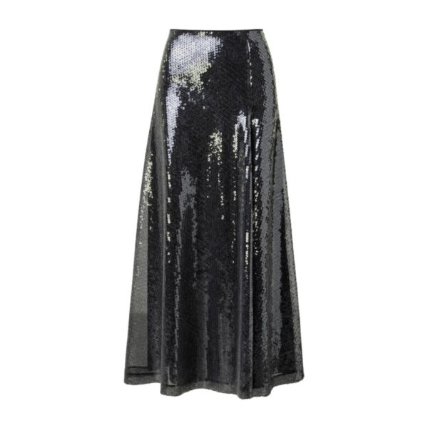 This Akris midi skirt is crafted from liquid sequins, creating a unique and timeless look with a slight nod to the 70s disco era. The A-line fit creates a clean silhouette. A playful detail is an asymmetric slit with a front zipper. This unique garment from the Akris collection Fall/Winter 2023 is lined and can be paired with the matching blouse.