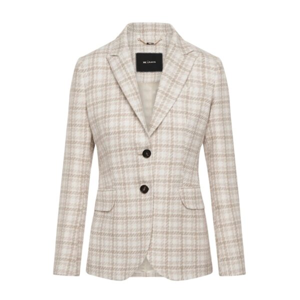 Riding jacket made from a sophisticated blend of cashmere, wool, silk and linen in beige with an overcheck pattern. This is one of the brand’s most iconic jacket styles, embodying Kiton’s sartorial savoir-faire: the brand’s mastery of complex textile production processes is expressed through feminine tastes and needs. This jacket features pointed lapels, t