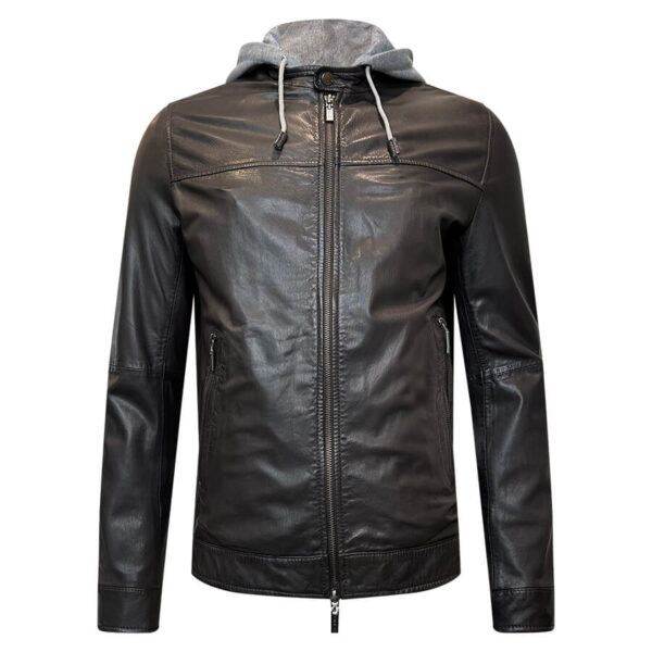2 way zipper. Double exterior zipper pockets. Leather jacket. Detachable hood.