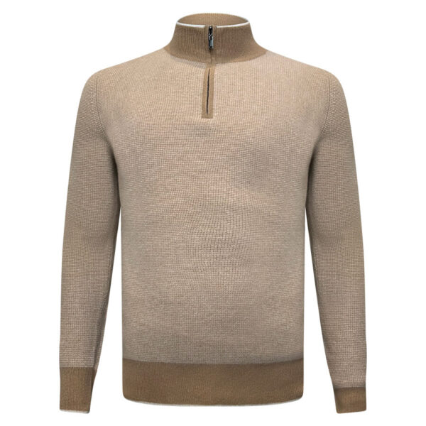 100% Baby cashmere. Slim fit. 1/4 silver zip up. Ribbed hem by the collar.