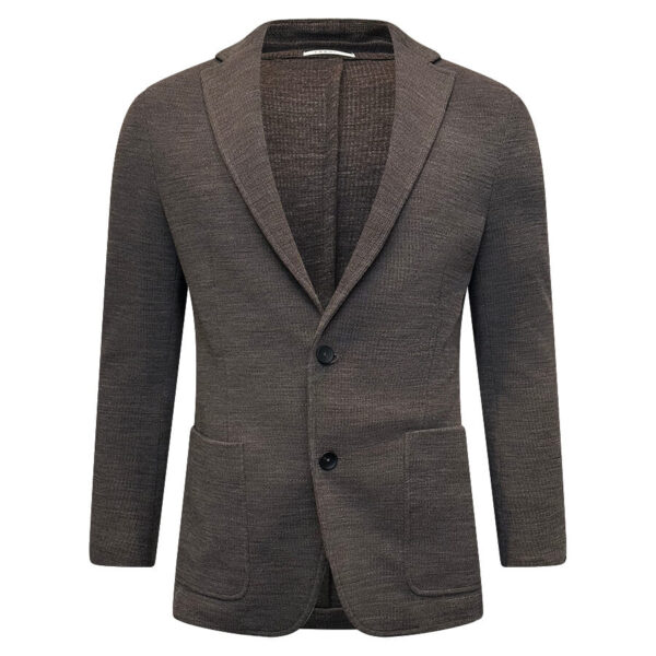 100% Virgin wool. Knit effect look. Lightweight. 2 button closure front. 2 exterior pockets.