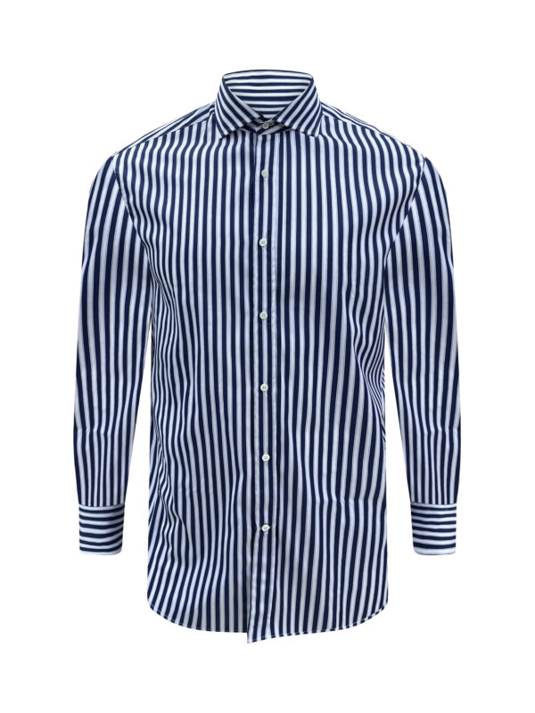 100% Cotton. Made in Italy. Relaxed Button down. Striped purple and white.  Regular fit.  