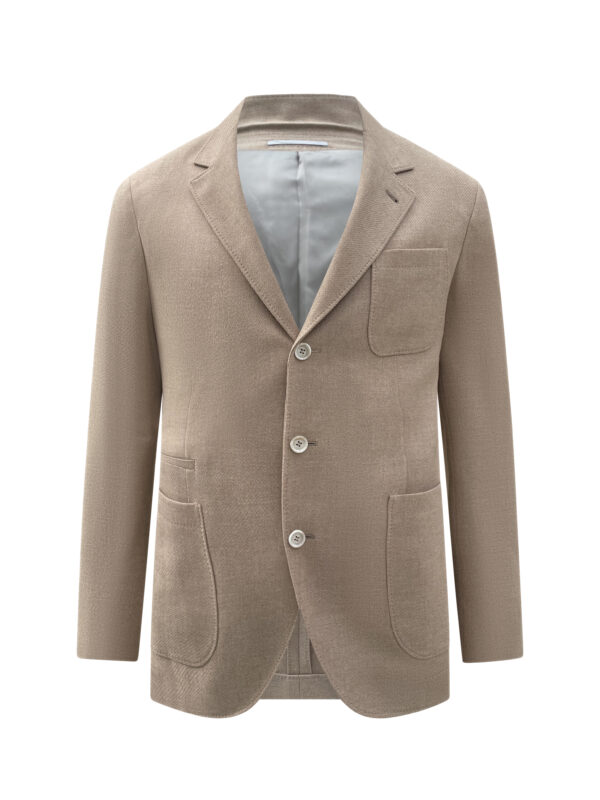 95% Wool, 3% Cashmere, 2% Silk. 100% Cupro Lining.  Made in Italy. Regular fit.  3 buttons. 