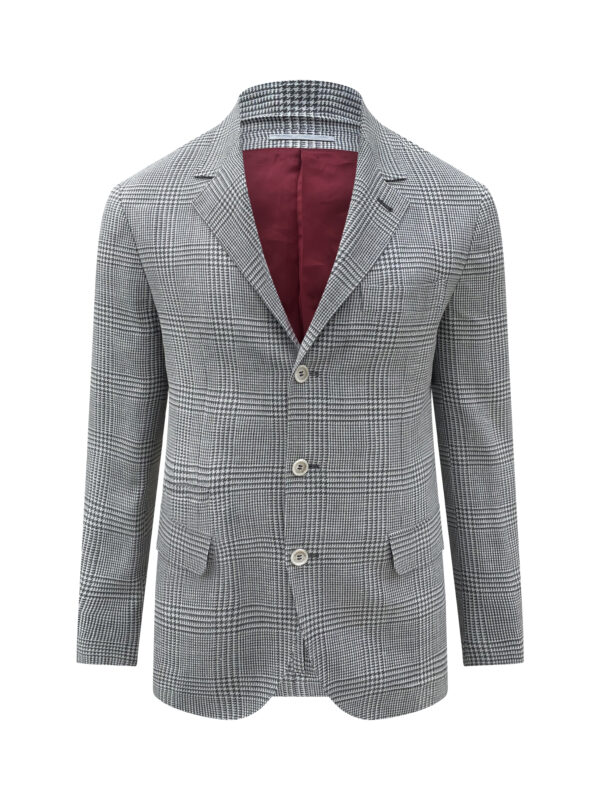 Made in Italy. 63% Wool, 20% Silk, 17% Linen. 100% Cupro Lining. Contrasting lining.  3 Buttons. 