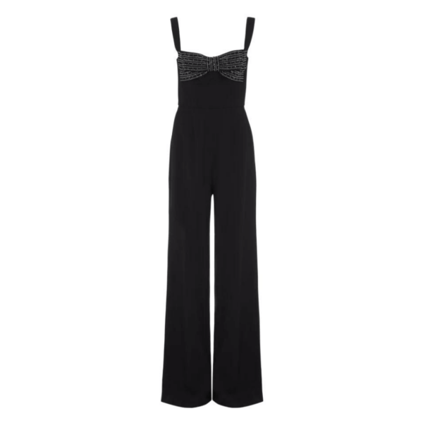 Perfect for the autumn season, the Rachel Bow Jumpsuit in Black features a square neck front accented with a jeweled bow and an elegant low back. It is a full-length jumpsuit with wide-leg trousers and a fitted waist.