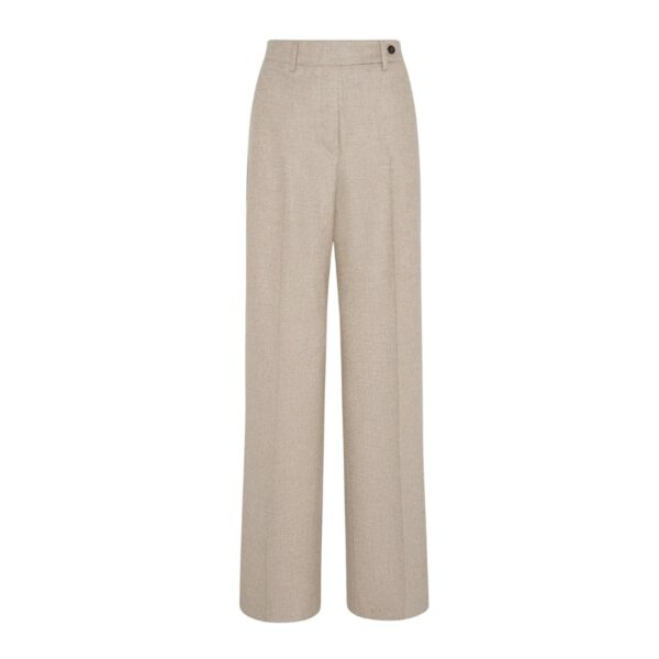 Trousers made from fine beige cashmere, entirely cut and sewn in Naples by our master tailors. The garment is defined by a straight, soft cut with a light, flowing design characterised by a regular-rise waist, two slant pockets at the hips, two rearpockets, a wide leg and a length that makes these trousers impeccable with high heels.