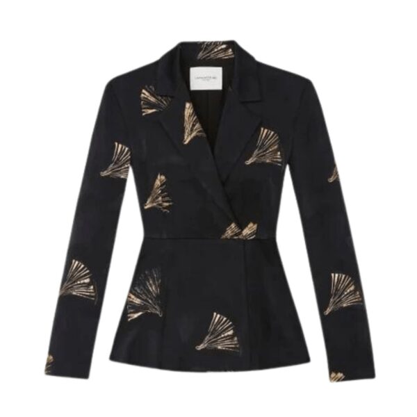 Sartorial tailoring meets feminine fluidity in this artful blazer, exquisitely engineered in the collection's graphic Leafed Pages motif—a custom stampwork inspired by animated book pages, rendered through metallic jacquard and tonal dégradé on silky Italian viscose. Structured shoulders define the fitted silhouette, which releases through a wrapped waistline and peplum hem.