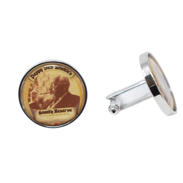 Text: Pappy Van Winkle Family Reserve. Silver lining cufflink. Shape: round. Exclusive cufflinks.