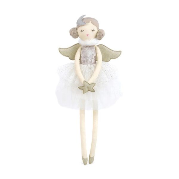 Seraphina Fairy Doll with golden star lights the way to fairyland! Iridescent tulle gown, sparkly wings and beautiful crafted face, she is a free spirit to follow your child's imagination. a gift for all occasions!  100% Polyester. Measures 23 in / 58 cm. spot clean only.