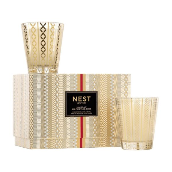This festive Classic Candle set fills your home with NEST's bestselling scents of the season, Birchwood Pine and Holiday. Weight: Each candle: 8.1 oz. | 230 g These exquisitely fragranced candles are meticulously crafted with a proprietary premium wax formulated so the candles burn cleanly and evenly and infuse a room with exceptional scent.