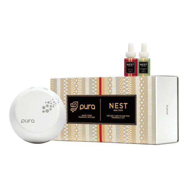 This Smart Home Fragrance Diffuser powered by Pura fills your home with NEST's bestselling scents of the season, Holiday and Birchwood Pine. The festive set includes: (1) Smart Home Fragrance Diffuser Powered by Pura (1) Birchwood Pine Fragrance Vial (1) Holiday Fragrance Vial
