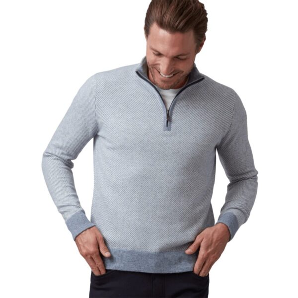 Unbelievably soft mock sweater. 100% pure cashmere. Features a subtle diagonal pattern contrasted with a solid placket, cuff, and hem.