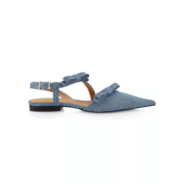 From the Multi Bow Collection. These GANNI denim slingback flats are cut in a pointed toe silhouette and feature bow details and an adjustable buckle closure. Point toe. Buckle closure. Recycled cotton upper. Rubber sole. Made in Portugal.
