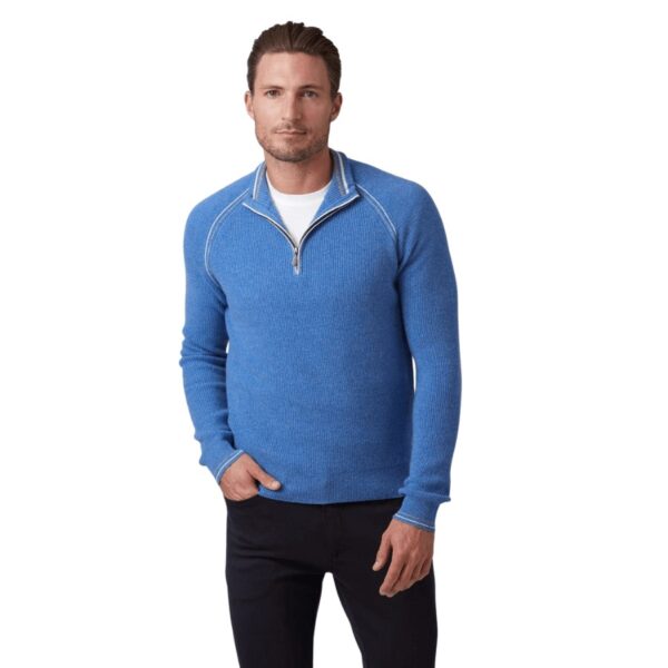Unbelievably soft mock sweater. 100% pure cashmere. Features a subtle diagonal pattern contrasted with a solid placket, cuff, and hem.