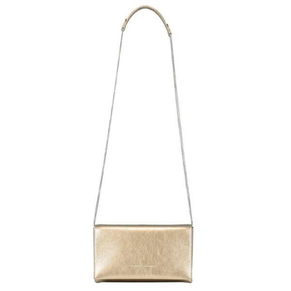 Brunello Cucinelli metallic crossbody in pearl. Leather. 8." L x 5" H x 2" W. Fits iPhone 15 Pro Max. Made in Italy.