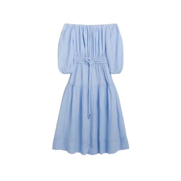 The Indy Dress is crafted of A.L.C's airy ramie fabric in a light blue hue. This midi silhouette is lined through the body, featuring an elasticized off-the-shoulder neckline, voluminous sleeves, a tiered skirt, and a drawcord waist detailed with polished silver hardware. 100% Ramie. Lining: 100% Cotton. Dry Clean. Not Lined. Pull On. Length 51". Model is 5'10.5" Wearing Size 4. Bust 31 1/2" Waist 25" Hips 36".