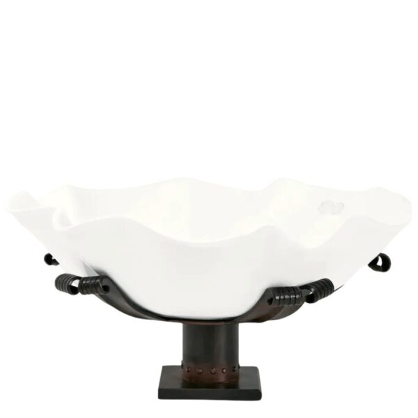 Branded, sealed creamy white ceramic bowl in full bloom, resting atop a forged iron base. Dimensions: 18" x 18" x 9". Care instructions: Hand wash ceramic. Clean iron base with soft dry cloth.