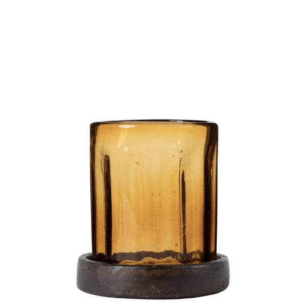 Mouth blown acanalada double old fashioned, the color of toasted tobacco, resting in a detachable wax cast coaster. Perfect for scotch & soda and casting long candlelight shadows. Mouth blown glass. Dimensions: 4" x 4" x 4". Care instructions: Hand wash glass; wipe iron clean with a dry cloth.