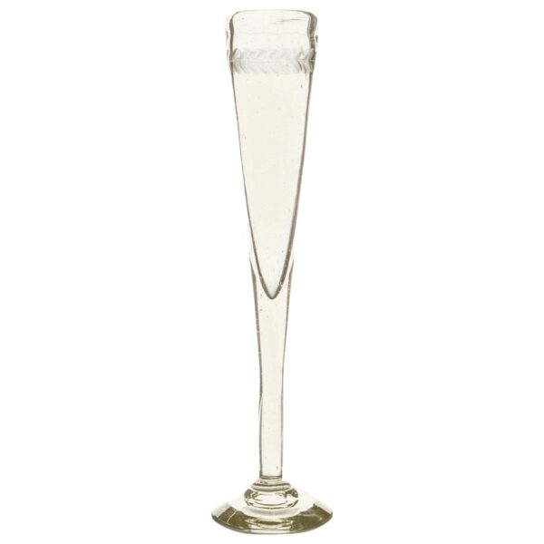 Pilar extremely tall champagne flutes with laurel engraving on clear mouth blown glass. The height and capacity of these flutes can vary slightly due to the mouth blown nature of this piece. Dimensions: 2" x 2" x 12". Care instructions: Hand wash.