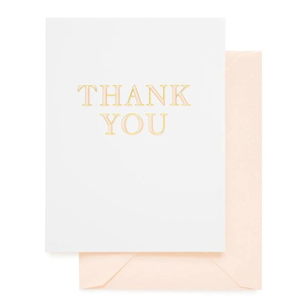 Send a thoughtful message with one of Sugar Paper's letterpress printed thank you greeting cards. A blank interior lets you add your own personal touch. Hand printed in Los Angeles. 4.25 X 5.5 inches. Folded card. Letterpress + foil printed. Crisp white paper. Pale pink + gold foil. Pale pink envelope.