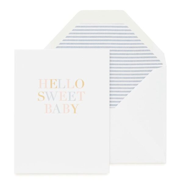 Send a thoughtful message with one of Sugar Paper's letterpress printed baby greeting cards. A blank interior lets you add your own personal touch. Hand printed in Los Angeles. 4.25 X 5.5 inches. Folded card. Letterpress + foil printed. Crisp white paper. Pale pink ink, dusty blue ink, + gold foil. Crisp white envelope.  Dusty blue stripe liner.