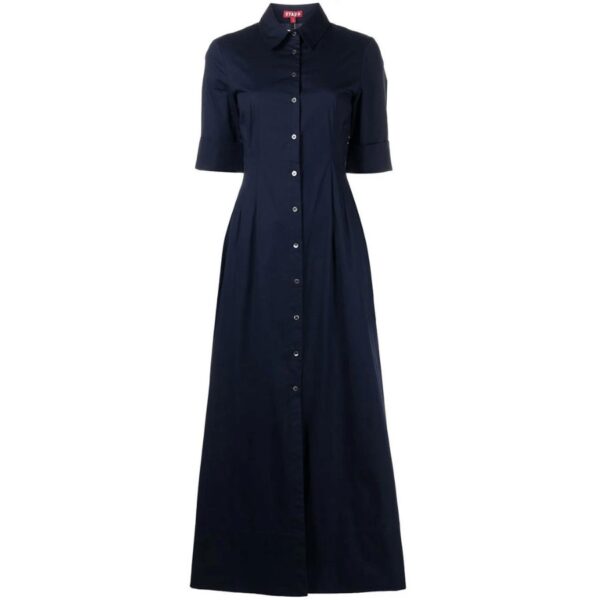 A maxi shirt dress made out of stretchy cotton poplin, the Joan Dress is a modern yet polished take on a classic. 98% Cotton 2% Spandex. Button down front.