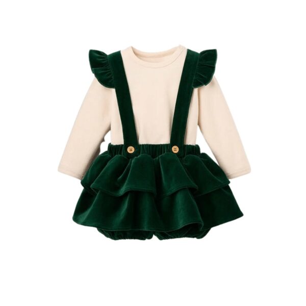 There's nothing quite like wearing velvet for the holidays. Elegant Baby's ultra-soft cotton spandex velvet is classy and comfy and will ensure baby is photo-ready for every special event. Velvet: 98% Cotton 2% Spandex. Bodysuit: 95% Cotton 5% Spandex. Adjustable straps. Machine wash delicate, Do not bleach, Tumble dry normal low heat, Iron low.