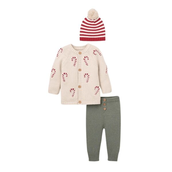 Elegant Baby's candycane cardigan set is both cozy and festive and it's sure to get you in the holiday spirit. Not only is it the perfect weight for winter, but it also has beautiful chenille textured details you can't get anywhere else. 100% cotton knit. 3 piece set. Chenille candycanes. Machine wash delicate, Do not bleach, Tumble dry normal low heat, iron low.
