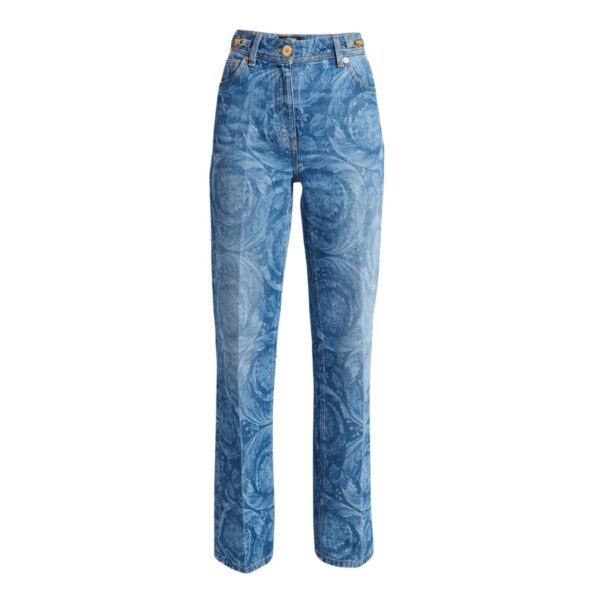 Versace stone-washed straight-leg jeans featuring an allover baroque-print. Gold-tone hardware. Mid-rise. Five-pocket style. Relaxed fit. Full length. Button/zip fly; belt loops. Cotton. Made in Italy. Model is 5'10"/177cm.