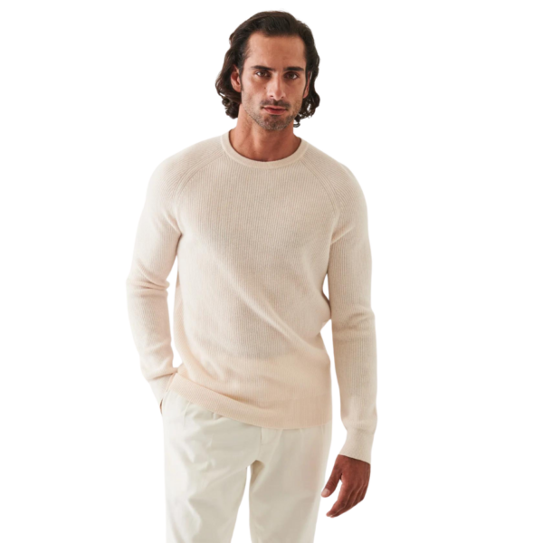 100% First combed cashmere. Ribbed Crewneck. Dry clean only. Fits true to size.