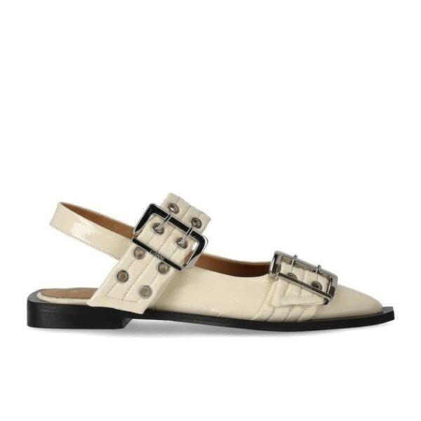 From the Feminine Buckle Collection. These GANNI flats are crafted of ultra-luxe faux leather. The pair featurea pointed toe and adjustable buckle closure. Point toe. Buckle closure. Synthetic upper. Rubber sole. Made in Portugal.