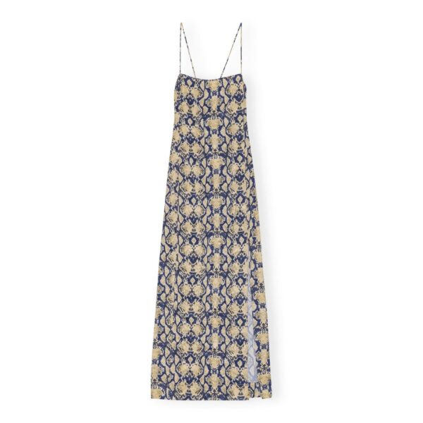 This Snake Printed Crinkled Satin Midi Slip Dress is made from recycled polyester and elastane. The dress is designed for a slim fit and features a square neckline, thin straps, an open back with a tie band, zip closure, snake print and a high slit at the front. 95% recycled polyester, 5% elastane. Square neckline. Thin straps. Open back with a tie band. Zip closure. Snake print. High slit at the front.