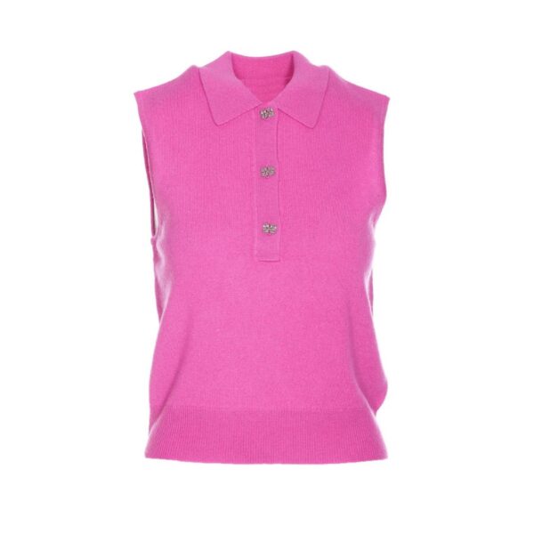 This Pink Cashmere Sleeveless Polo is made from a cashmere and merino wool blend. The polo is designed for a slim fit and features a collar, a gold GANNI Butterfly button closure and a ribbed hemline. 70% merino wool, 30% cashmere. Collar. Gold GANNI Butterfly button closure. Ribbed hemline.