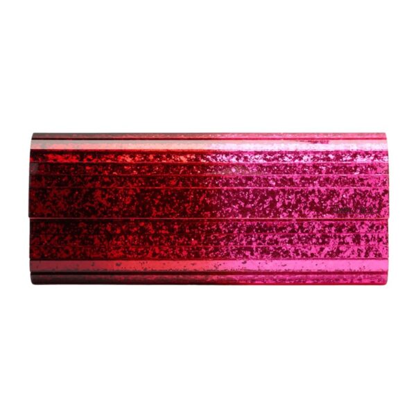 Jimmy Choo "Sweetie" clutch bag in ombré glitter plexiglass, leather, and brass. Detachable chain shoulder strap. Can be worn as a clutch or shoulder bag. Flap top with magnetic closure. Interior, one slip pocket. Approx. 3.9"H x 9.4"W x 2"D. Item Weight (Lbs.): 1.1. Made in Italy.