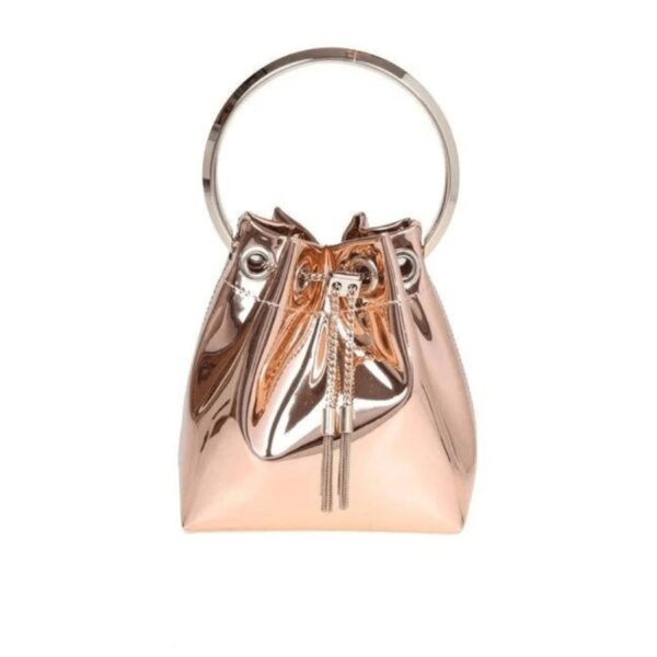 Shining and statement, the iconic Bon Bon handbag is crafted from silver mirror fabric. Made in Italy, Jimmy Choo's signature style features a chain drawstring fastening with tassels and is finished with a metal bracelet top handle. Carry in hand or drape cross-body using the chain strap. Mirror fabric. Metal top handle. Chain drawstring closure. Chain strap. Interior pocket. Tassel detailing. Bag measures: L14 x H15 x W9.5cm. Strap measures: 55cm. Handle drop measures: 9cm. Made in Italy.