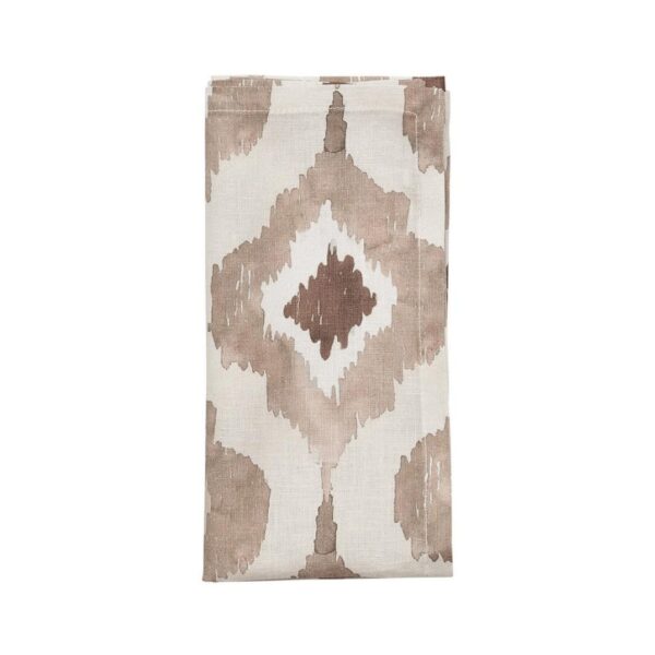 The linen Watercolor Ikat Napkin in beige presents a modern take on the traditional Indonesian Ikat. A hand-painted magnified section of a taupe Ikat pattern is printed digitally on the linen, making these napkins a favorite among the style set. COLOR: Taupe. DIMENSIONS: 21" Length x 21" Width. WEIGHT: 0.2 lbs. MATERIALS: 100% Linen.