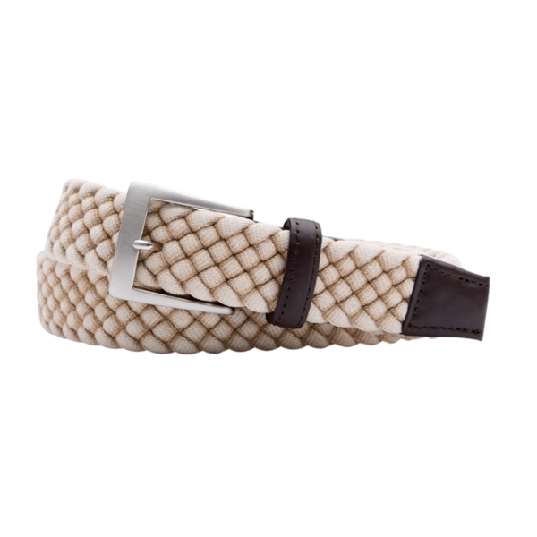 Accentuate your everyday style with our richly detailed braided fabric belt. Genuine calf tabs in a coordinating hue and a brushed nickel buckle are a perfect finish to this comfortable style. 1-3/8" wide. Woven fabric with calf leather tabs. Brushed nickel buckle. Made in America.