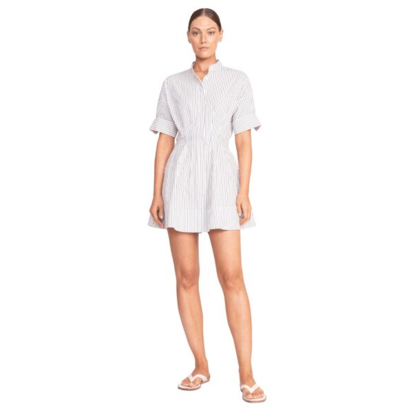 The Mini Lorenza is a button-up dress with an A-line mini skirt and fixed half-length sleeves. It features a fitted waist with an elastic detail at the back for comfort. 98% Cotton, 2% Spandex. Dry clean only.