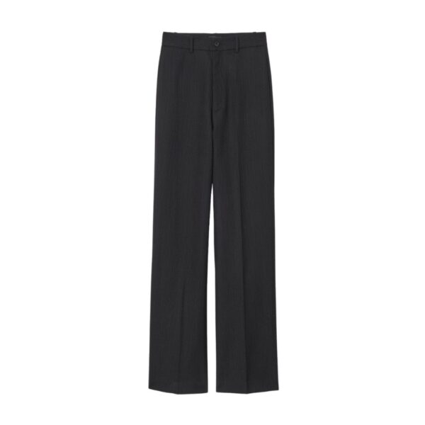 Flat front, super wide leg trouser. For further ease, it has a low crotch. Waist sits right above hip bone.