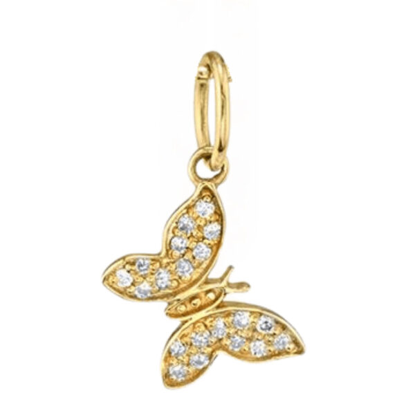 14k yellow gold and diamond tiny butterfly charm necklace from Sydney Evan Little Loves Collection. The charm measures approximately 1/4" x 1/4".
