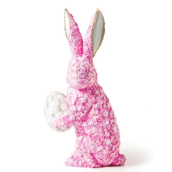 Mackenzie Childs resin pink bunny holding sterling check Easter egg. 6.25" wide. 12" tall. 4" deep.
