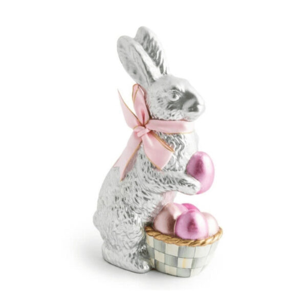 Silver foil Mackenzie Childs bunny with sterling check Easter basket and pink eggs. Pink bow. Silver foil. Multicolor pink eggs.