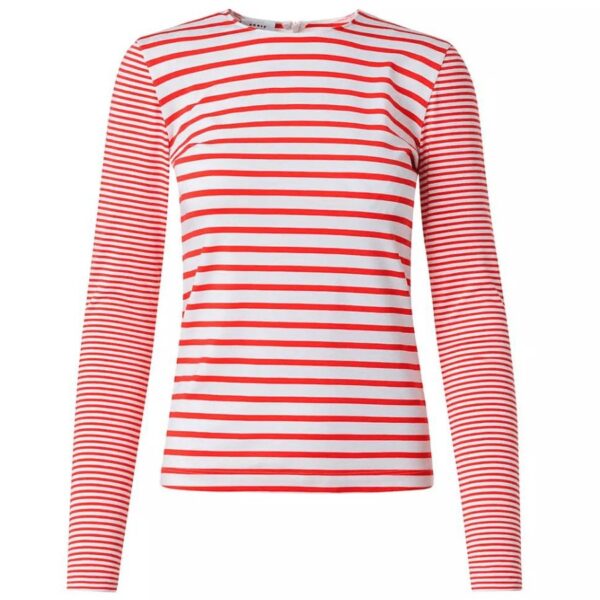 This Akris punto striped T-shirt is designed with a crewneck and long sleeves. Crewneck. Long sleeves. Pulls over. 96% viscose/4% elastane. Dry clean. Imported of Italian fabric.