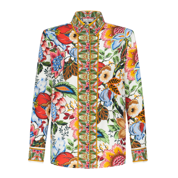 Silk crepe de chine straight-cut shirt showcasing a vibrant, multicolored bouquet-inspired print throughout. 100% silk. Regular fit. Classic collar. Long sleeves. Working cuffs. Made in Italy. 