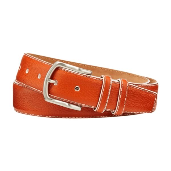 W.Kleinberg pebbled leather belt with contrast topstitching. Brushed nickel hardware. Approx. 1.4"W. Made in USA.