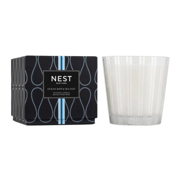 Escape to the seaside with this 3-Wick Candle featuring the refreshing essence of a gentle ocean mist combined with hints of sea salt, white tea, and coconut. Housed in a glass vessel etched with elegant, frosted stripes to complement any decor. 21.2 oz | 600 g. This exquisitely fragranced candle is meticulously crafted with a proprietary premium wax formulated so the candle burns cleanly and evenly and infuses a room with exceptional scent.