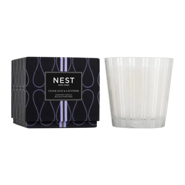 Create a serene spa-like experience with this 3-Wick Candle featuring an herbaceous blend of rosemary, lavender, and sage enhanced with cedar leaves. Housed in a glass vessel etched with elegant, frosted stripes to complement any decor. 21.2 oz | 600 g. This exquisitely fragranced candle is meticulously crafted with a proprietary premium wax formulated so the candle burns cleanly and evenly and infuses a room with exceptional scent.