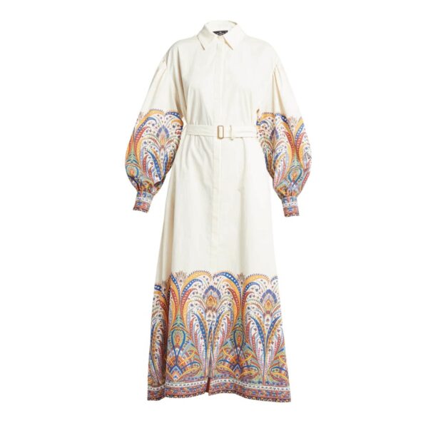 Etro paisley print dress. Point collar; concealed button placket. Long balloon sleeves; button cuffs. Side slip pockets. Self-tie waist. A-line silhouette. Full length. Cotton.