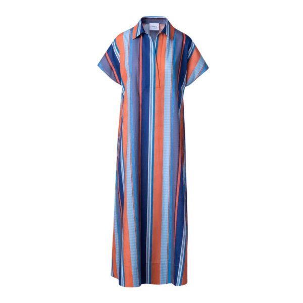 Akris punto cotton popeline shirtdress featuring deck chair stripe print and back pleat. Spread collar; split V front. Short sleeves. Side split pockets. Hem falls below the knee. A-line silhouette. Slipover style. Cotton. Imported.