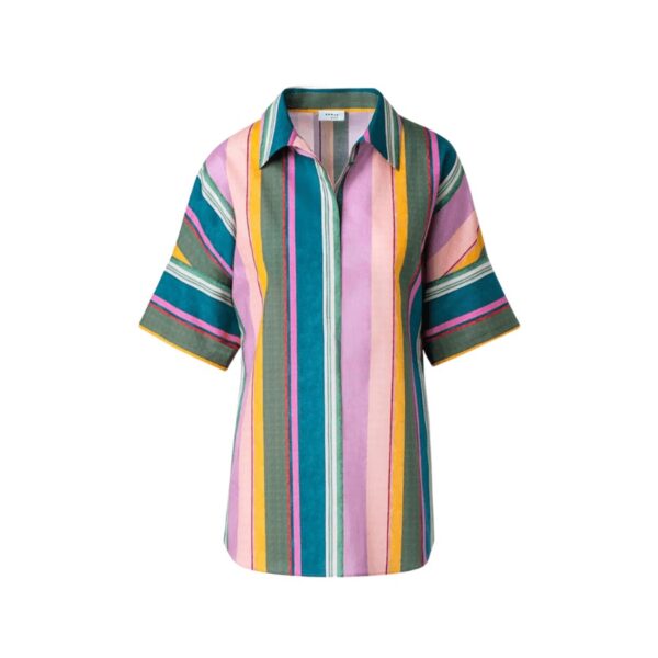 Akris punto cotton blouse in an allover batist deck chair striped print. Mandarin collar. Concealed button front. Short sleeves; dropped shoulders. Side slits. Pleated back. Mid-length.  Relaxed fit.  Cotton. Made in Romania.